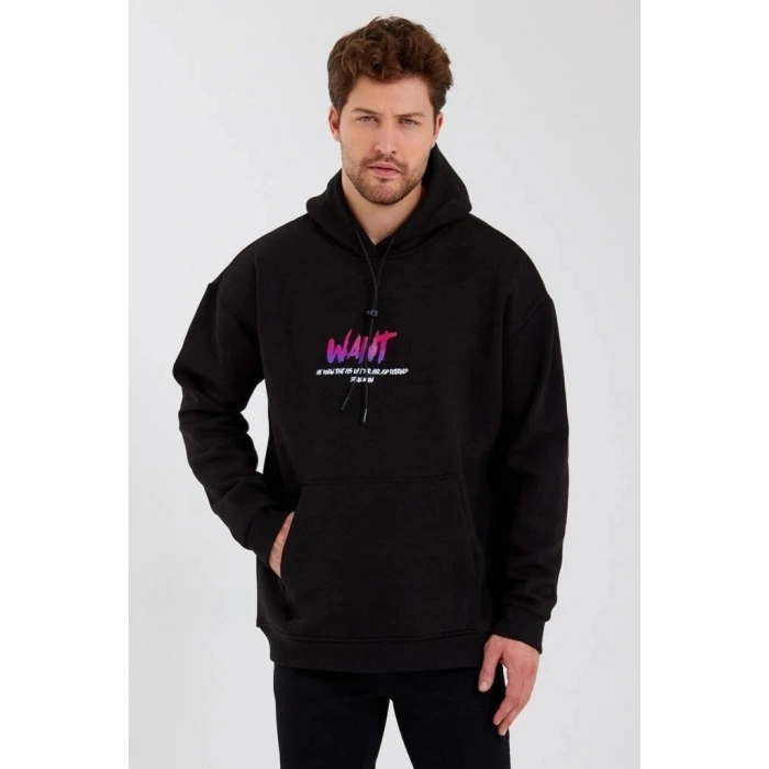 Erkek 3 İplik Pamuklu Kapüşonlu Baskılı Cepli Oversize Sweatshirt Hoodie - Siyah