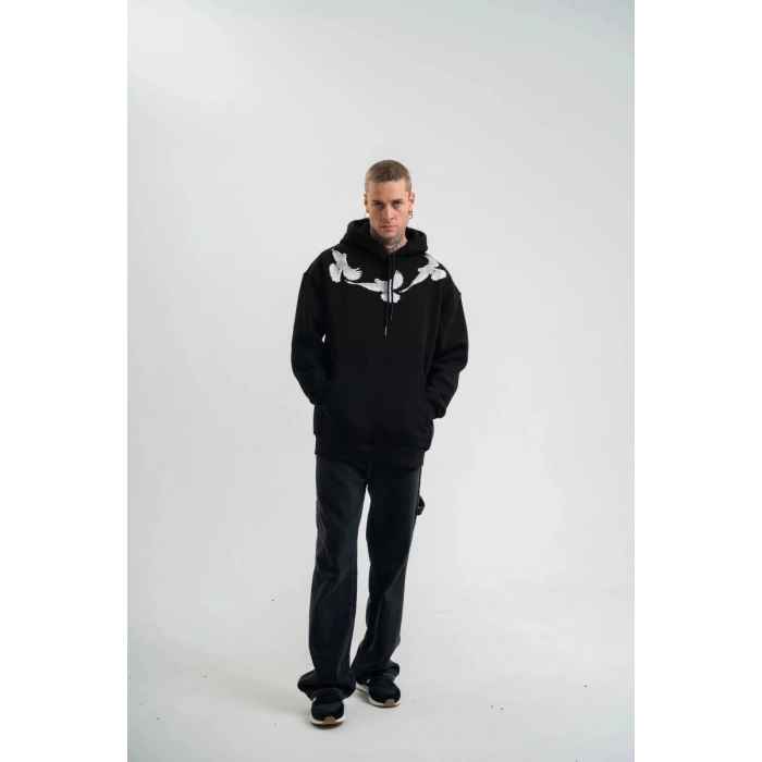 Erkek 3 İplik Pamuklu Kapüşonlu Baskılı Cepli Oversize Sweatshirt Hoodie - Siyah