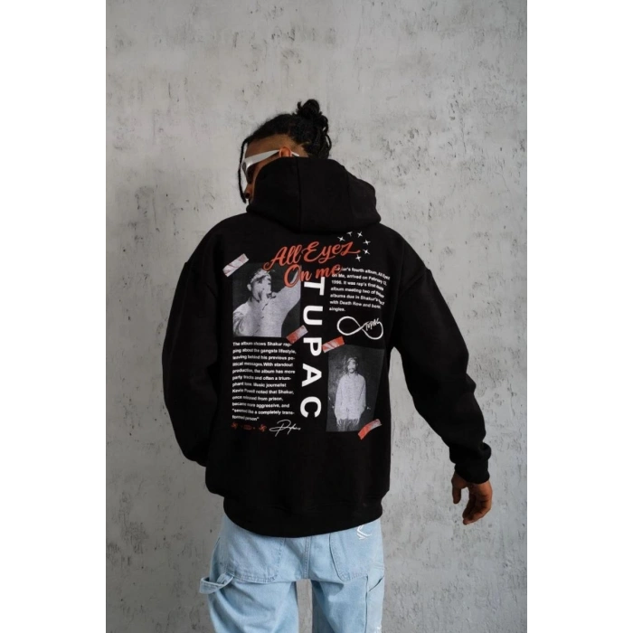Erkek 3 İplik Pamuklu Kapüşonlu Baskılı Cepli Oversize Sweatshirt Hoodie - Siyah