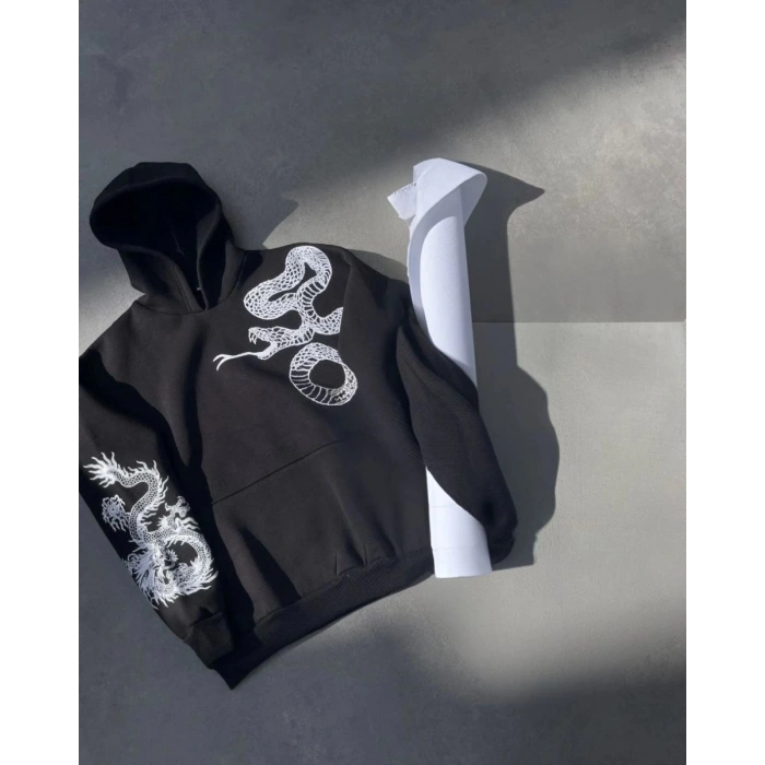 Erkek 3 İplik Pamuklu Kapüşonlu Baskılı Cepli Oversize Sweatshirt Hoodie - Siyah