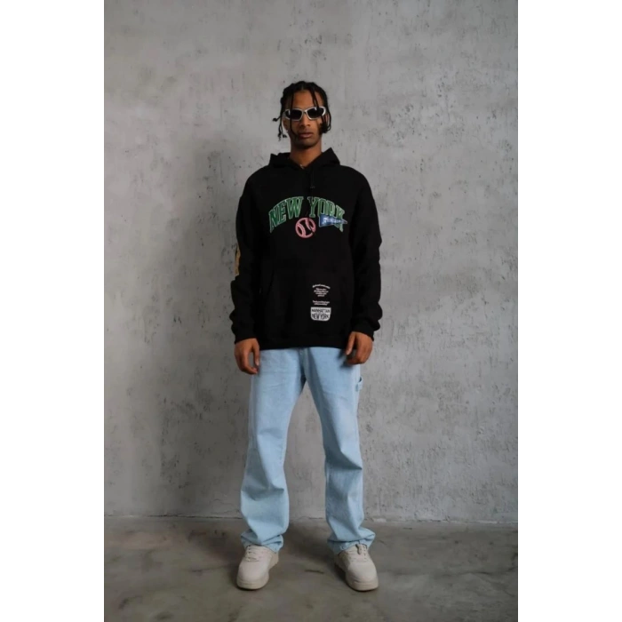 Erkek 3 İplik Pamuklu Kapüşonlu Baskılı Cepli Oversize Sweatshirt Hoodie - Siyah
