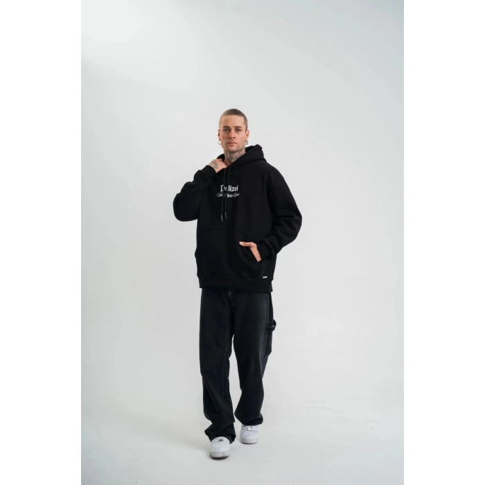 Erkek 3 İplik Pamuklu Kapüşonlu Baskılı Cepli Oversize Sweatshirt Hoodie - Siyah