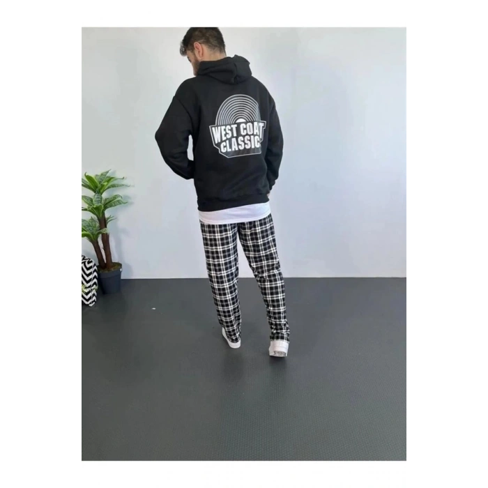 Erkek 3 İplik Pamuklu Kapüşonlu Baskılı Cepli Oversize Sweatshirt Hoodie - Siyah