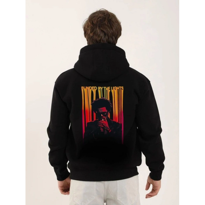 Erkek 3 İplik Pamuklu Kapüşonlu Baskılı Cepli Oversize Sweatshirt Hoodie - Siyah