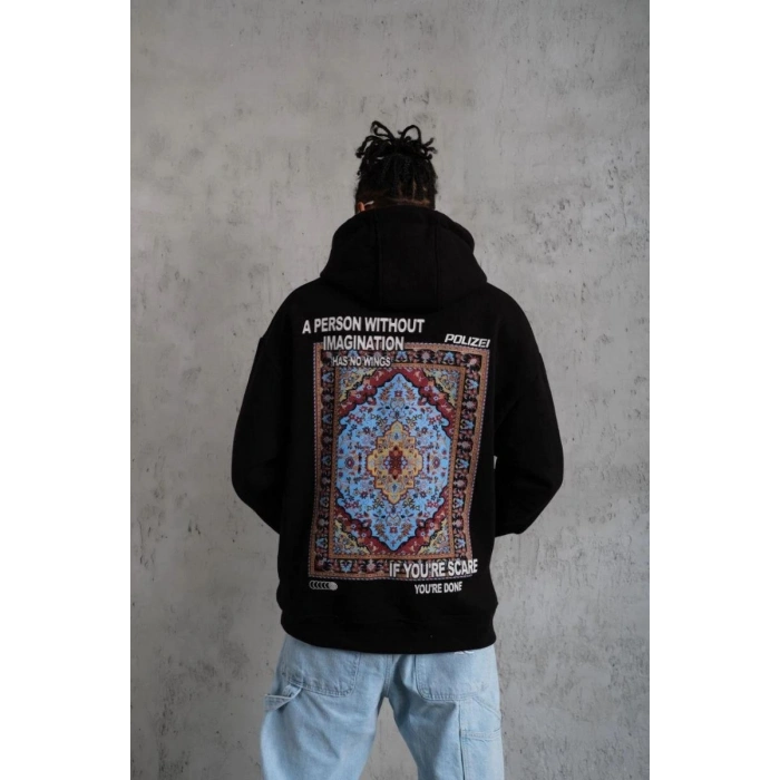 Erkek 3 İplik Pamuklu Kapüşonlu Baskılı Cepli Oversize Sweatshirt Hoodie - Siyah