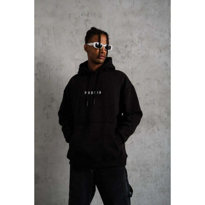 Erkek 3 İplik Pamuklu Kapüşonlu Baskılı Cepli Oversize Sweatshirt Hoodie - Siyah