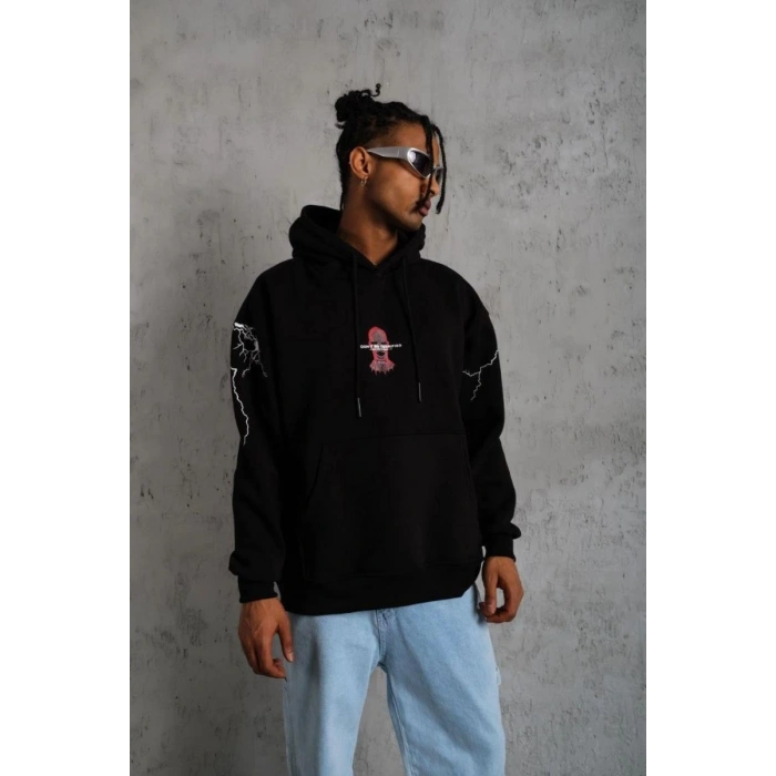 Erkek 3 İplik Pamuklu Kapüşonlu Baskılı Cepli Oversize Sweatshirt Hoodie - Siyah