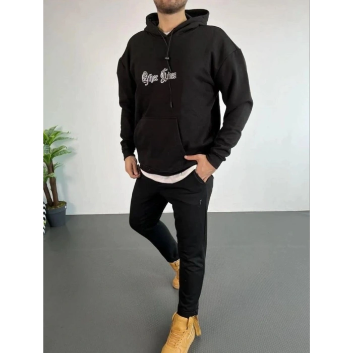 Erkek 3 İplik Pamuklu Kapüşonlu Baskılı Cepli Oversize Sweatshirt Hoodie - Siyah