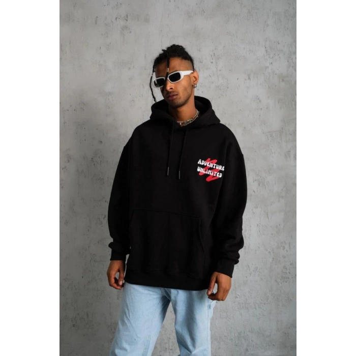 Erkek 3 İplik Pamuklu Kapüşonlu Baskılı Cepli Oversize Sweatshirt Hoodie - Siyah