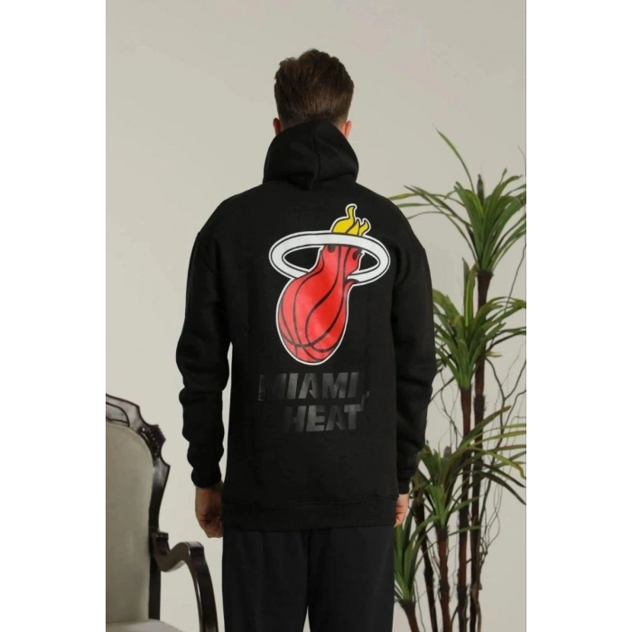 Erkek 3 İplik Pamuklu Kapüşonlu Baskılı Cepli Oversize Sweatshirt Hoodie - Siyah