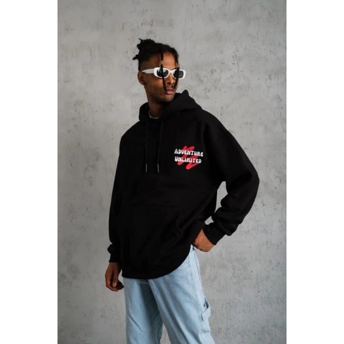 Erkek 3 İplik Pamuklu Kapüşonlu Baskılı Cepli Oversize Sweatshirt Hoodie - Siyah