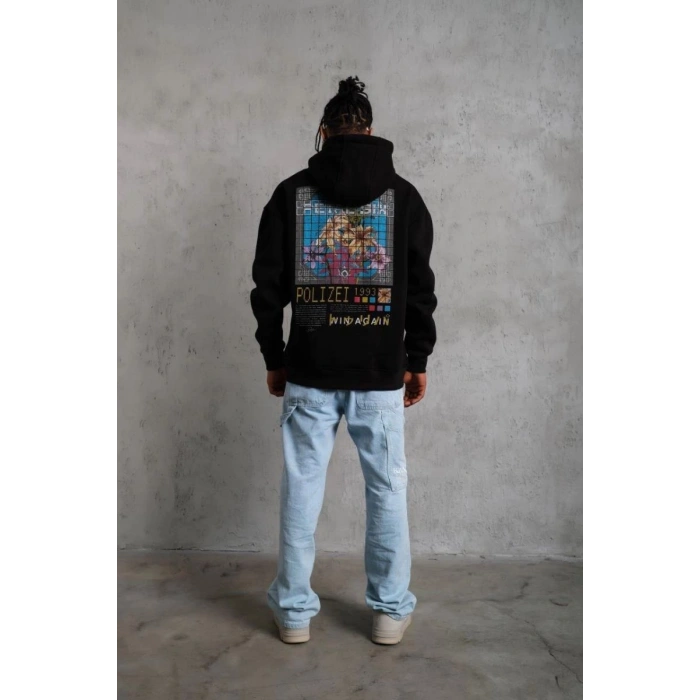 Erkek 3 İplik Pamuklu Kapüşonlu Baskılı Cepli Oversize Sweatshirt Hoodie - Siyah