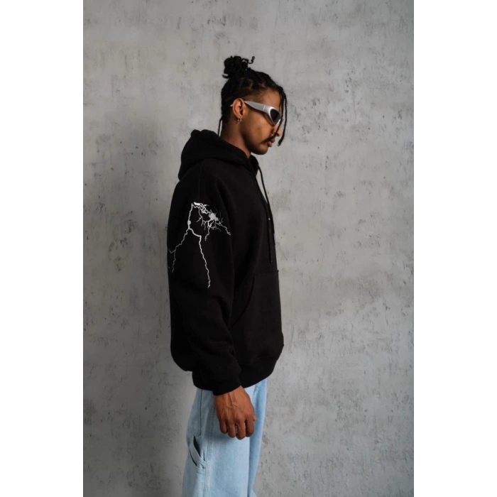 Erkek 3 İplik Pamuklu Kapüşonlu Baskılı Cepli Oversize Sweatshirt Hoodie - Siyah