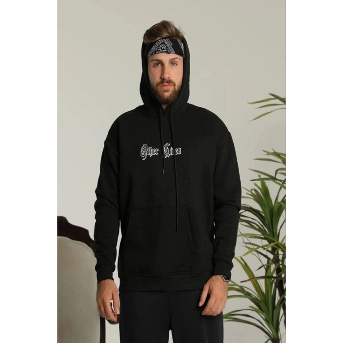 Erkek 3 İplik Pamuklu Kapüşonlu Baskılı Cepli Oversize Sweatshirt Hoodie - Siyah