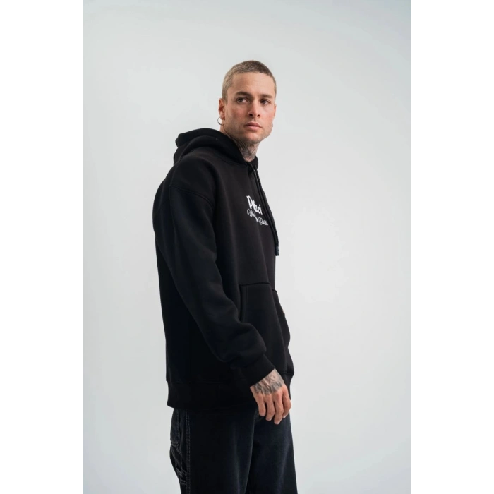 Erkek 3 İplik Pamuklu Kapüşonlu Baskılı Cepli Oversize Sweatshirt Hoodie - Siyah