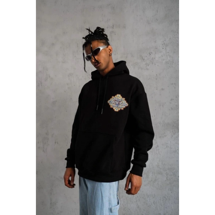 Erkek 3 İplik Pamuklu Kapüşonlu Baskılı Cepli Oversize Sweatshirt Hoodie - Siyah