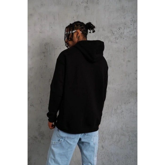 Erkek 3 İplik Pamuklu Kapüşonlu Baskılı Cepli Oversize Sweatshirt Hoodie - Siyah