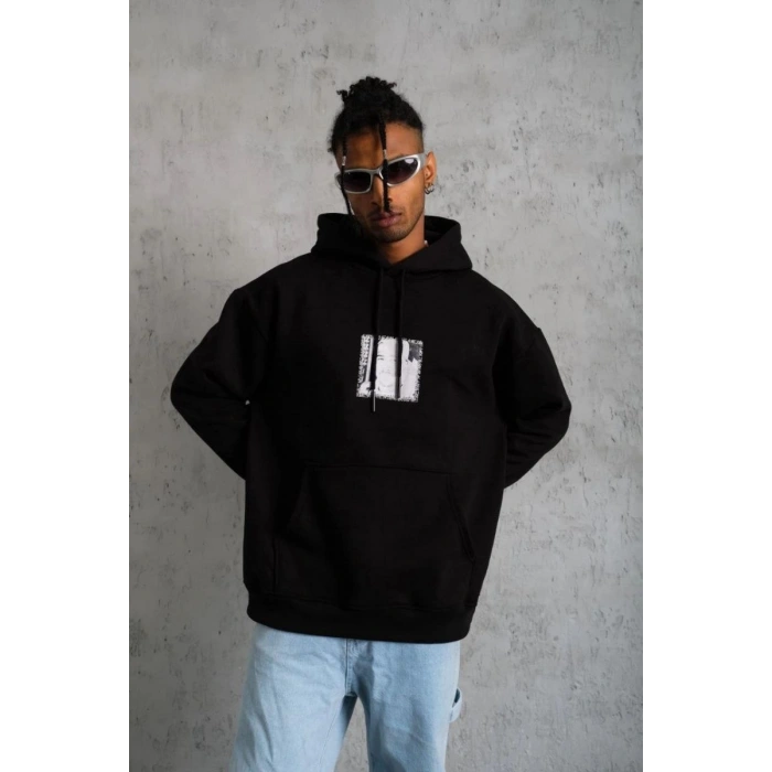 Erkek 3 İplik Pamuklu Kapüşonlu Baskılı Cepli Oversize Sweatshirt Hoodie - Siyah