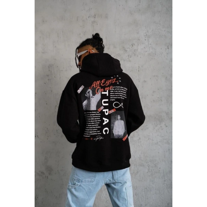 Erkek 3 İplik Pamuklu Kapüşonlu Baskılı Cepli Oversize Sweatshirt Hoodie - Siyah