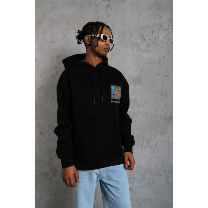 Erkek 3 İplik Pamuklu Kapüşonlu Baskılı Cepli Oversize Sweatshirt Hoodie - Siyah