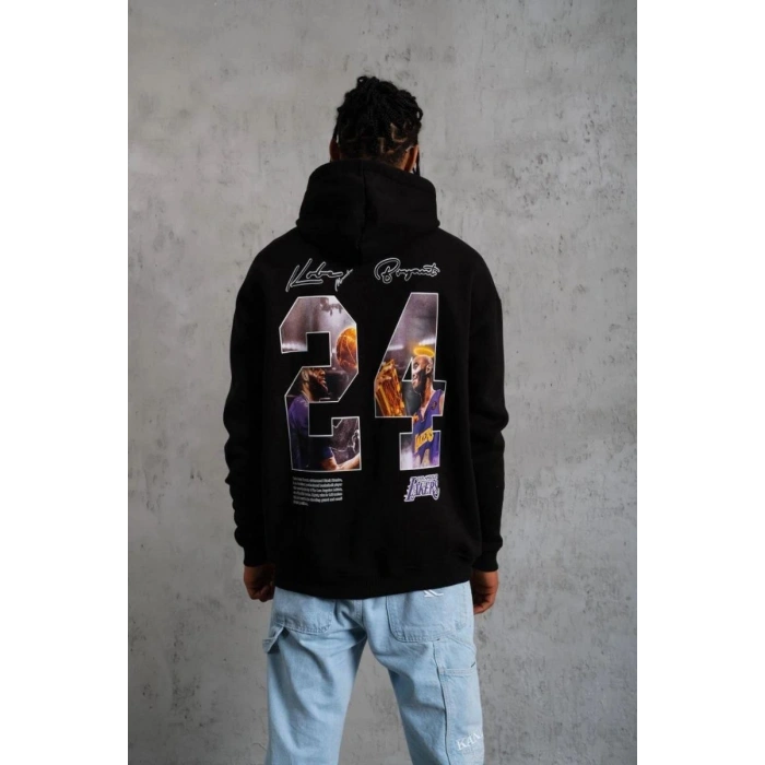 Erkek 3 İplik Pamuklu Kapüşonlu Baskılı Cepli Oversize Sweatshirt Hoodie - Siyah