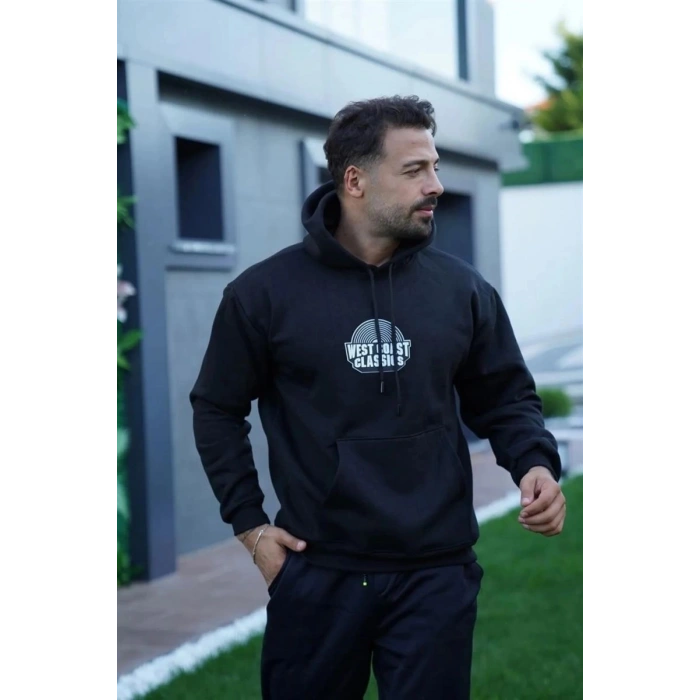 Erkek 3 İplik Pamuklu Kapüşonlu Baskılı Cepli Oversize Sweatshirt Hoodie - Siyah