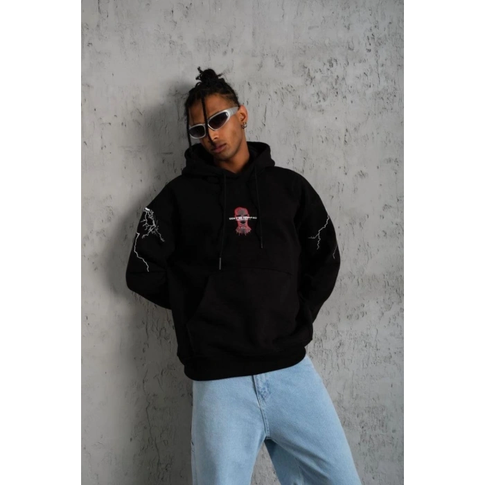 Erkek 3 İplik Pamuklu Kapüşonlu Baskılı Cepli Oversize Sweatshirt Hoodie - Siyah