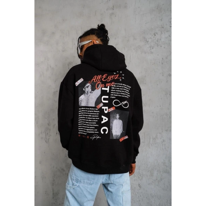 Erkek 3 İplik Pamuklu Kapüşonlu Baskılı Cepli Oversize Sweatshirt Hoodie - Siyah