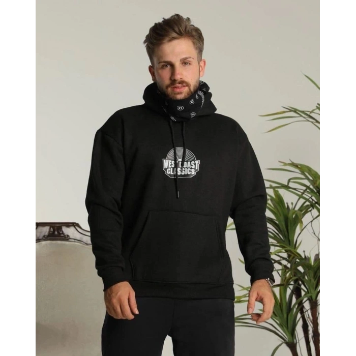 Erkek 3 İplik Pamuklu Kapüşonlu Baskılı Cepli Oversize Sweatshirt Hoodie - Siyah