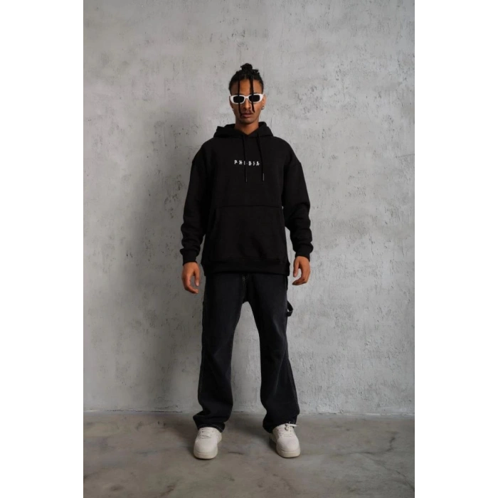 Erkek 3 İplik Pamuklu Kapüşonlu Baskılı Cepli Oversize Sweatshirt Hoodie - Siyah