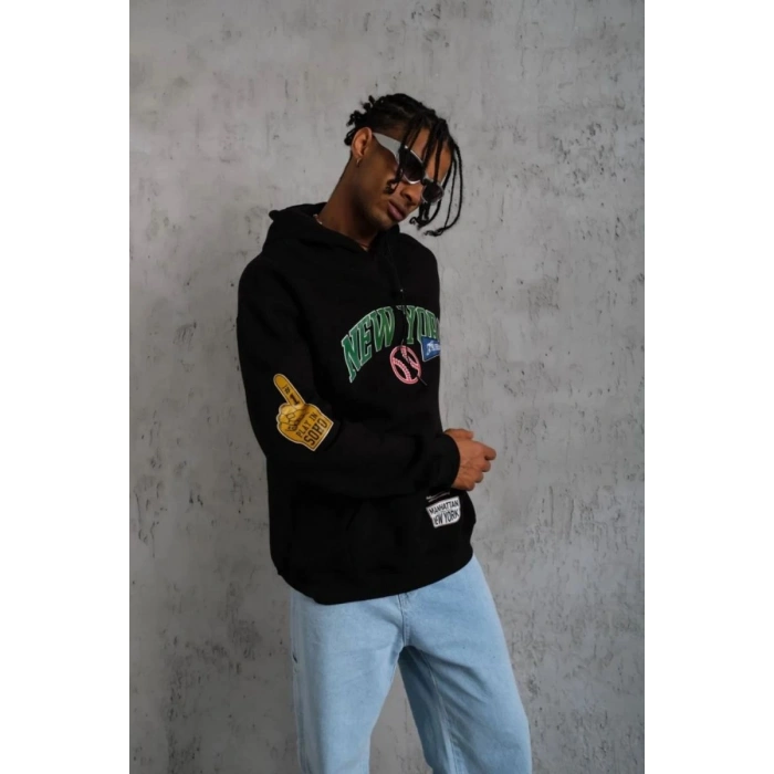 Erkek 3 İplik Pamuklu Kapüşonlu Baskılı Cepli Oversize Sweatshirt Hoodie - Siyah