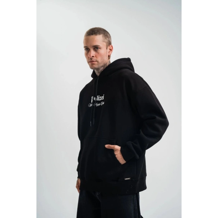 Erkek 3 İplik Pamuklu Kapüşonlu Baskılı Cepli Oversize Sweatshirt Hoodie - Siyah