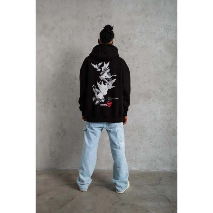 Erkek 3 İplik Pamuklu Kapüşonlu Baskılı Cepli Oversize Sweatshirt Hoodie - Siyah