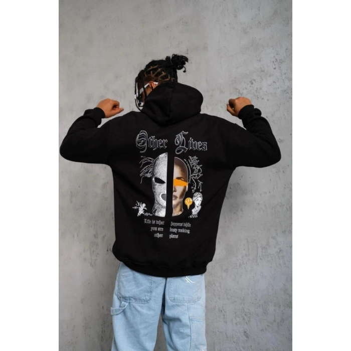 Erkek 3 İplik Pamuklu Kapüşonlu Baskılı Cepli Oversize Sweatshirt Hoodie - Siyah