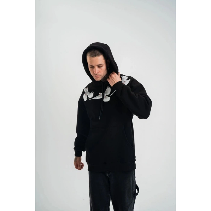 Erkek 3 İplik Pamuklu Kapüşonlu Baskılı Cepli Oversize Sweatshirt Hoodie - Siyah