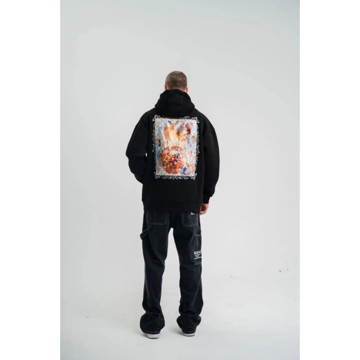 Erkek 3 İplik Pamuklu Kapüşonlu Baskılı Cepli Oversize Sweatshirt Hoodie - Siyah