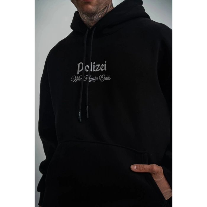Erkek 3 İplik Pamuklu Kapüşonlu Baskılı Cepli Oversize Sweatshirt Hoodie - Siyah