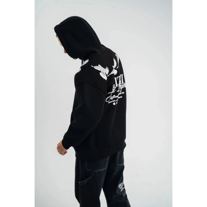 Erkek 3 İplik Pamuklu Kapüşonlu Baskılı Cepli Oversize Sweatshirt Hoodie - Siyah