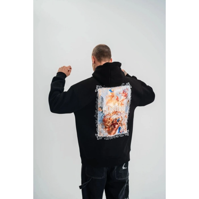 Erkek 3 İplik Pamuklu Kapüşonlu Baskılı Cepli Oversize Sweatshirt Hoodie - Siyah