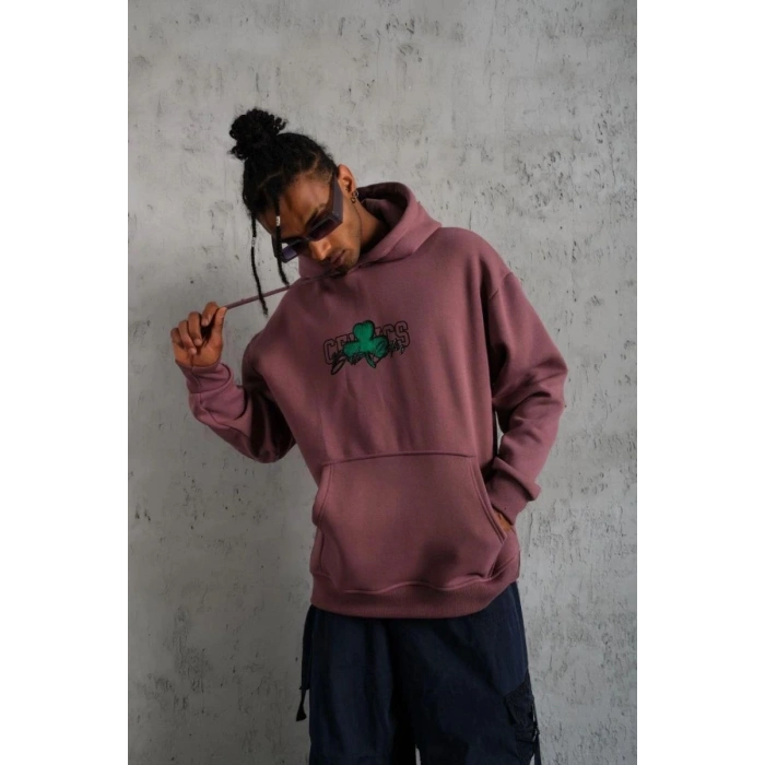 Erkek 3 İplik Pamuklu Kapüşonlu Baskılı Cepli Sweatshirt Hoodie - Gül Kurusu