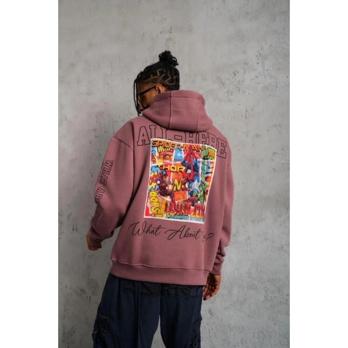Erkek 3 İplik Pamuklu Kapüşonlu Baskılı Cepli Sweatshirt Hoodie - Gül Kurusu