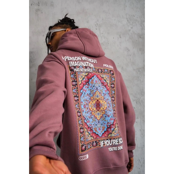 Erkek 3 İplik Pamuklu Kapüşonlu Baskılı Cepli Sweatshirt Hoodie - Gül Kurusu
