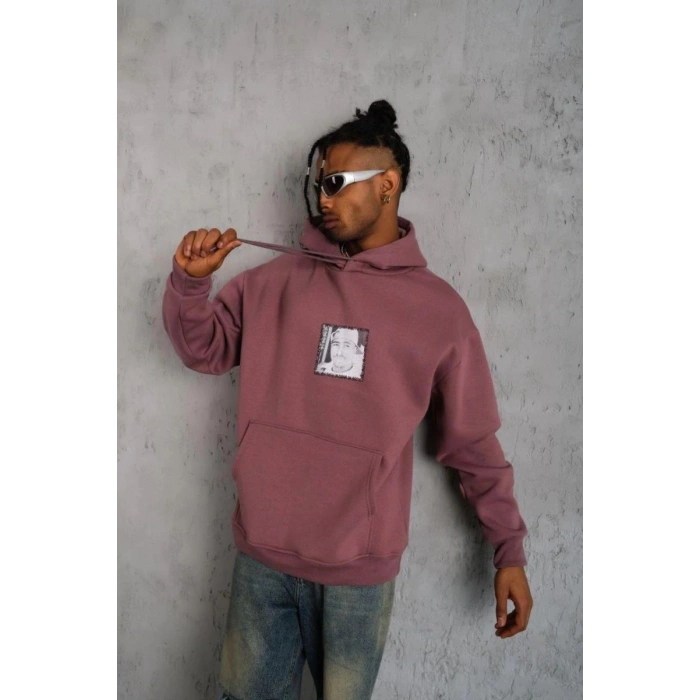 Erkek 3 İplik Pamuklu Kapüşonlu Baskılı Cepli Sweatshirt Hoodie - Gül Kurusu