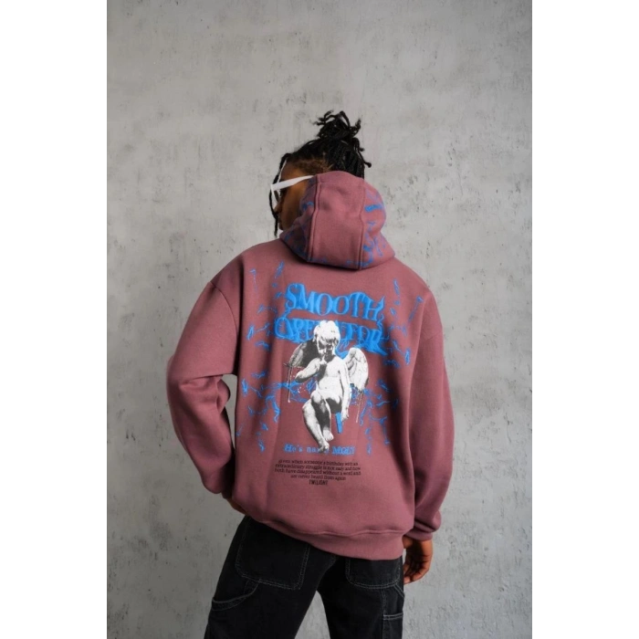 Erkek 3 İplik Pamuklu Kapüşonlu Baskılı Cepli Sweatshirt Hoodie - Gül Kurusu