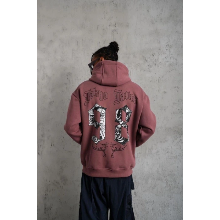 Erkek 3 İplik Pamuklu Kapüşonlu Baskılı Cepli Sweatshirt Hoodie - Gül Kurusu