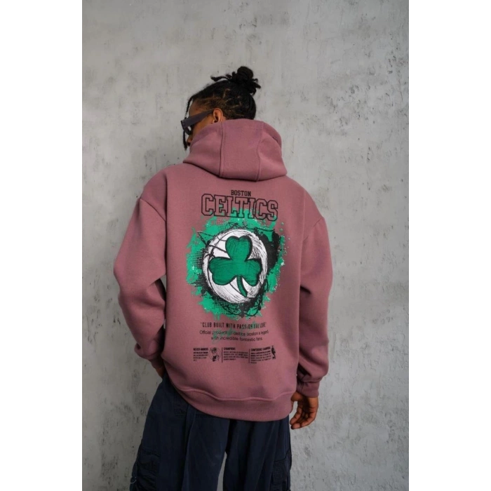 Erkek 3 İplik Pamuklu Kapüşonlu Baskılı Cepli Sweatshirt Hoodie - Gül Kurusu