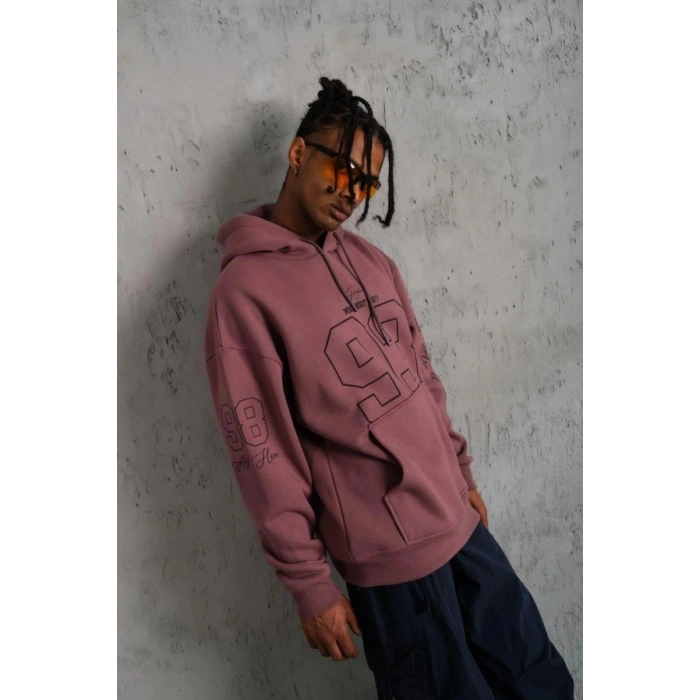Erkek 3 İplik Pamuklu Kapüşonlu Baskılı Cepli Sweatshirt Hoodie - Gül Kurusu