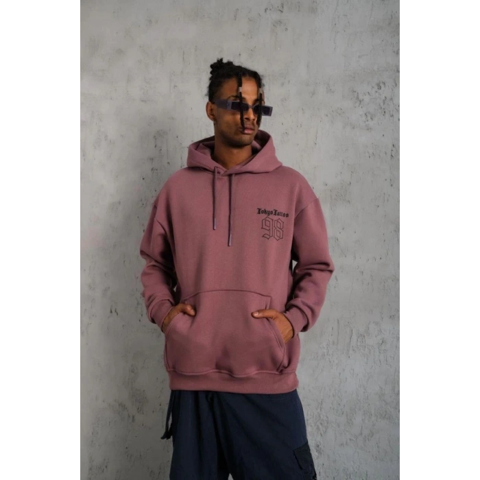 Erkek 3 İplik Pamuklu Kapüşonlu Baskılı Cepli Sweatshirt Hoodie - Gül Kurusu