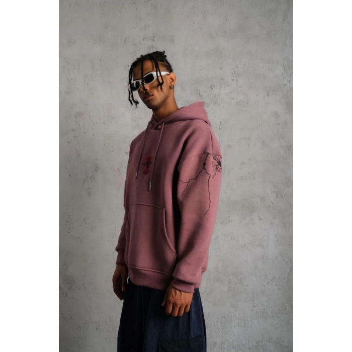 Erkek 3 İplik Pamuklu Kapüşonlu Baskılı Cepli Sweatshirt Hoodie - Gül Kurusu