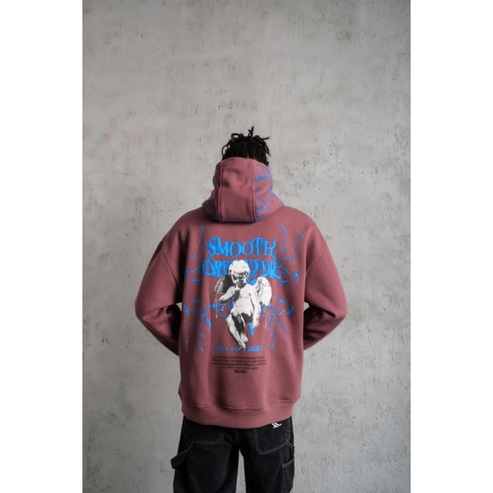 Erkek 3 İplik Pamuklu Kapüşonlu Baskılı Cepli Sweatshirt Hoodie - Gül Kurusu